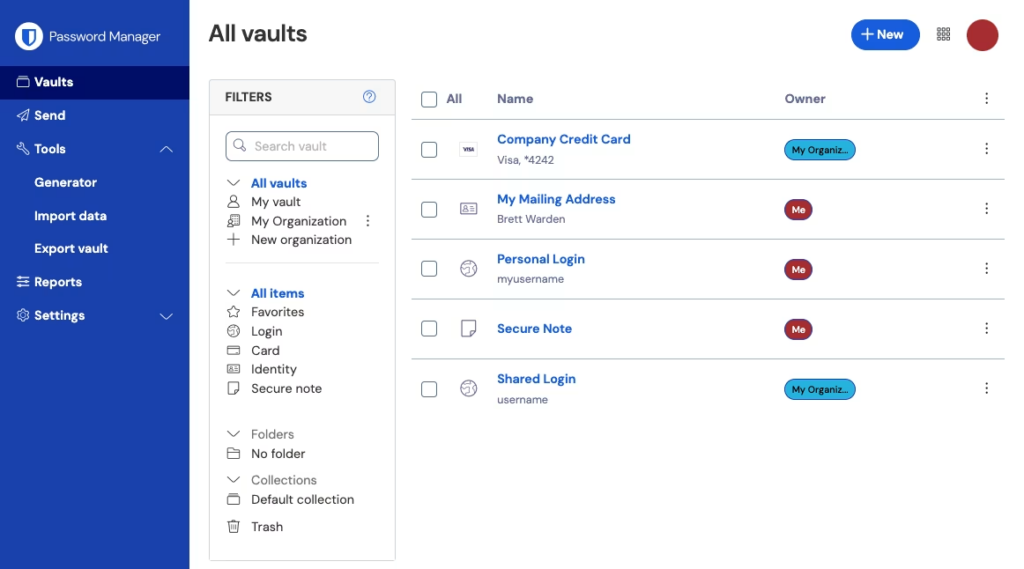 Bitwarden web vault with filters on the left and a list of vault items with owners on the right