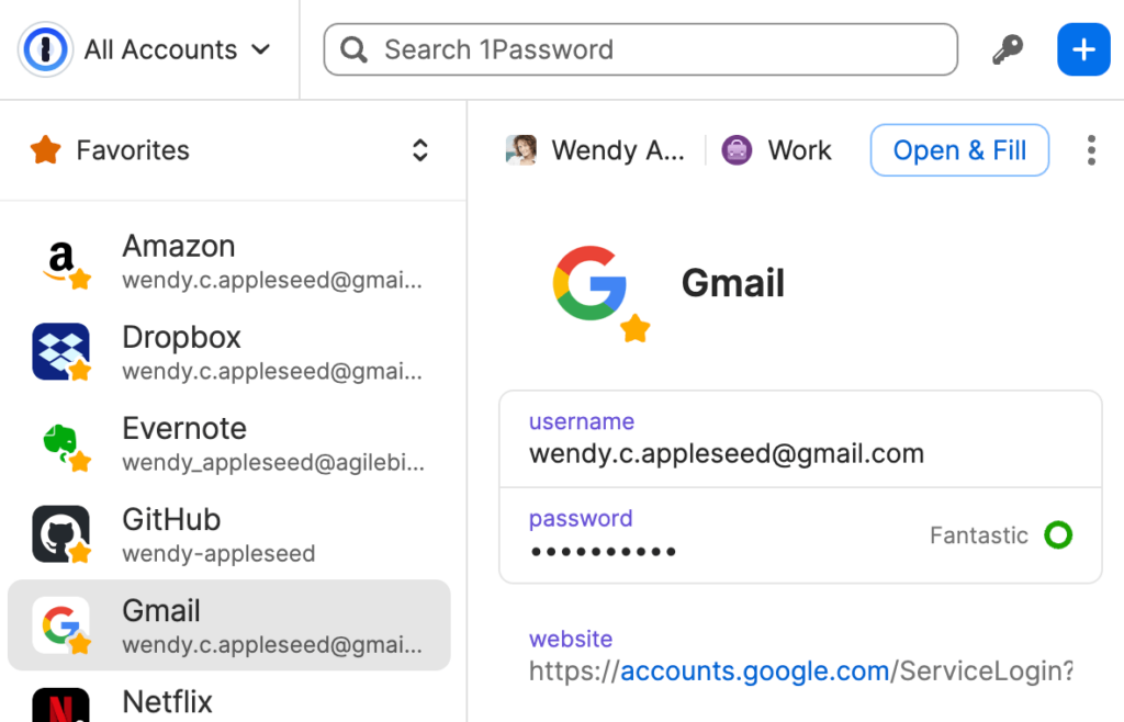 1Password item view for a Gmail login with username, masked password and a password strength label, next to a list of favorites