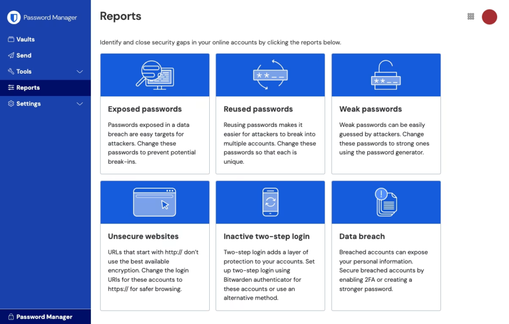 Bitwarden Reports page with six report cards: exposed, reused and weak passwords, unsecured websites, inactive two-step login and data breach