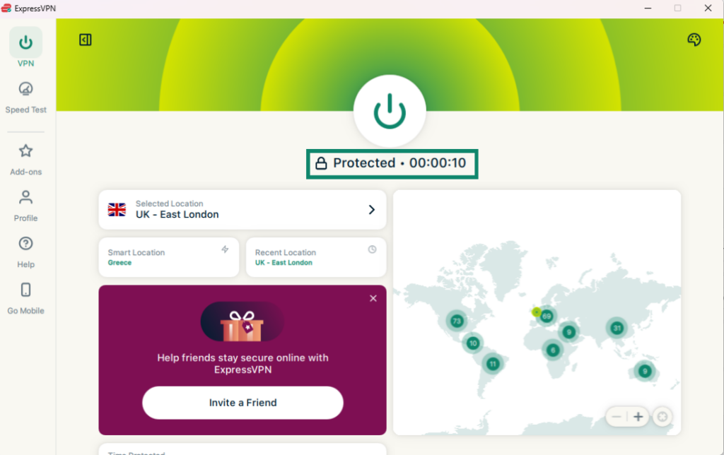 ExpressVPN Windows app showing a protected connection with a world map and location tiles