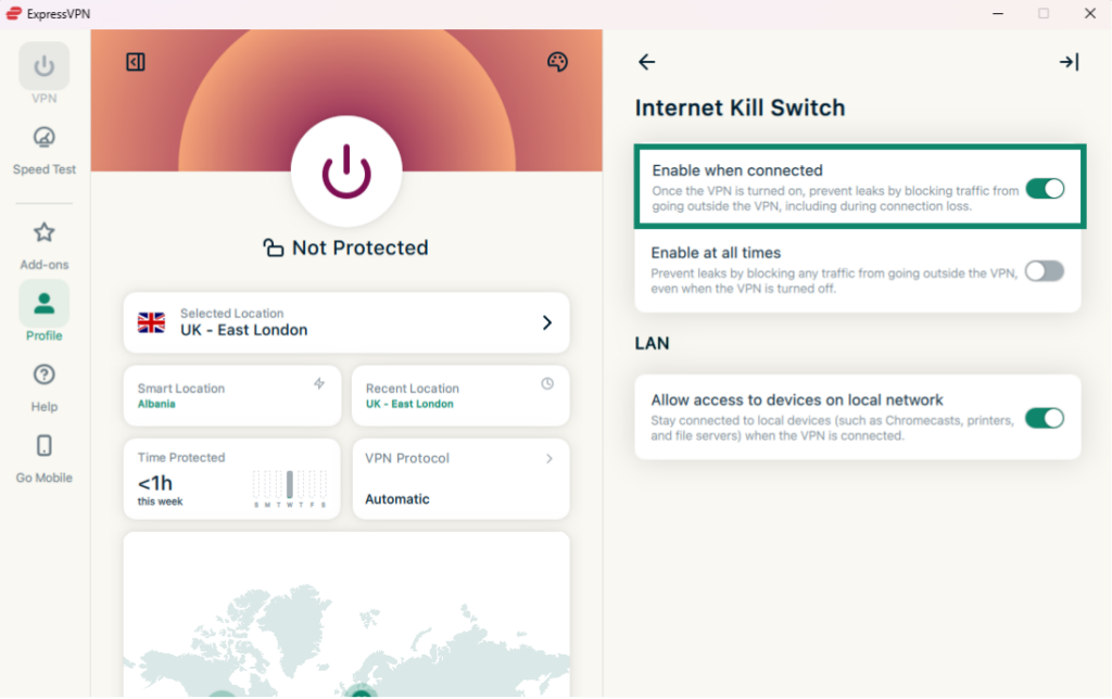 ExpressVPN Windows app Internet Kill Switch settings next to the home screen