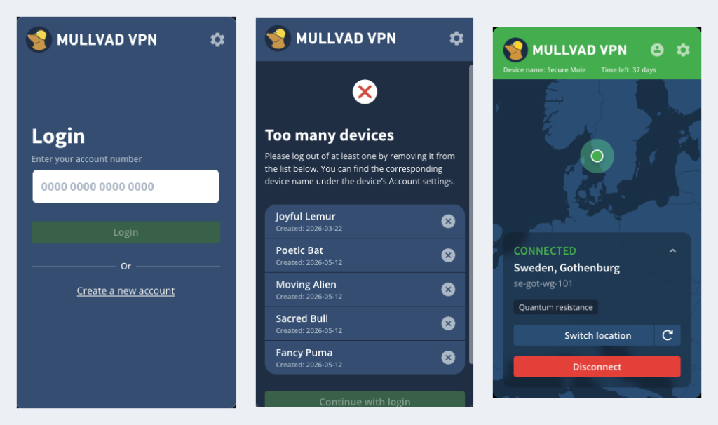 Three Mullvad desktop app screens: account login, a too many devices list and the connected view with a map