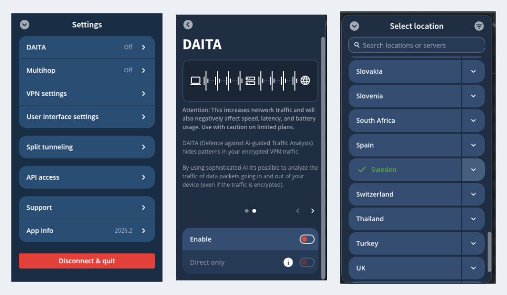 Three Mullvad desktop app screens: settings menu, DAITA options and a country list for choosing a location