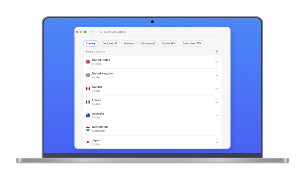 NordVPN desktop app location list with Country, Dedicated IP, Meshnet, Obfuscated, Double VPN and Onion Over VPN categories, in the vendor laptop mockup