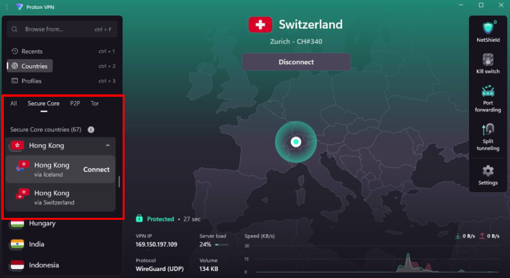 Proton VPN desktop app on the Secure Core tab, listing Hong Kong servers routed via Iceland and via Switzerland