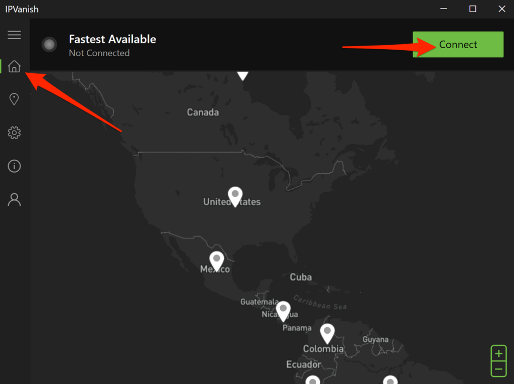 IPVanish Windows app main screen with a world map, the Fastest Available server label and a Connect button