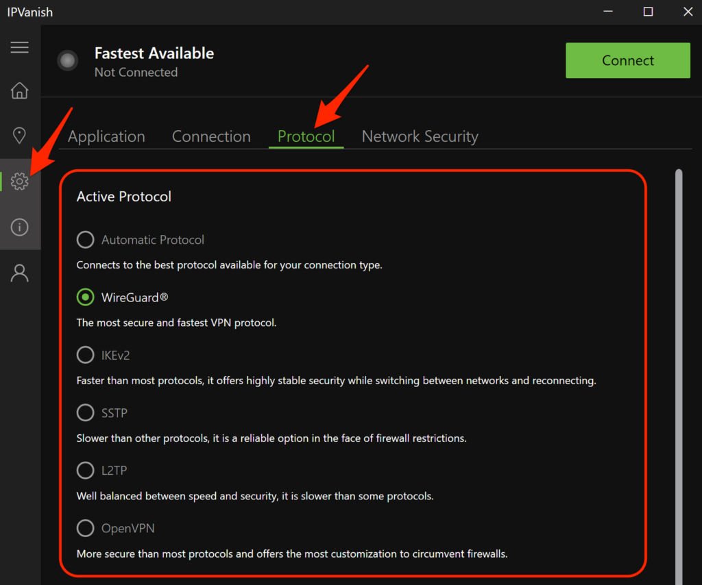 IPVanish Windows app protocol settings listing Automatic, WireGuard, IKEv2, SSTP, L2TP and OpenVPN