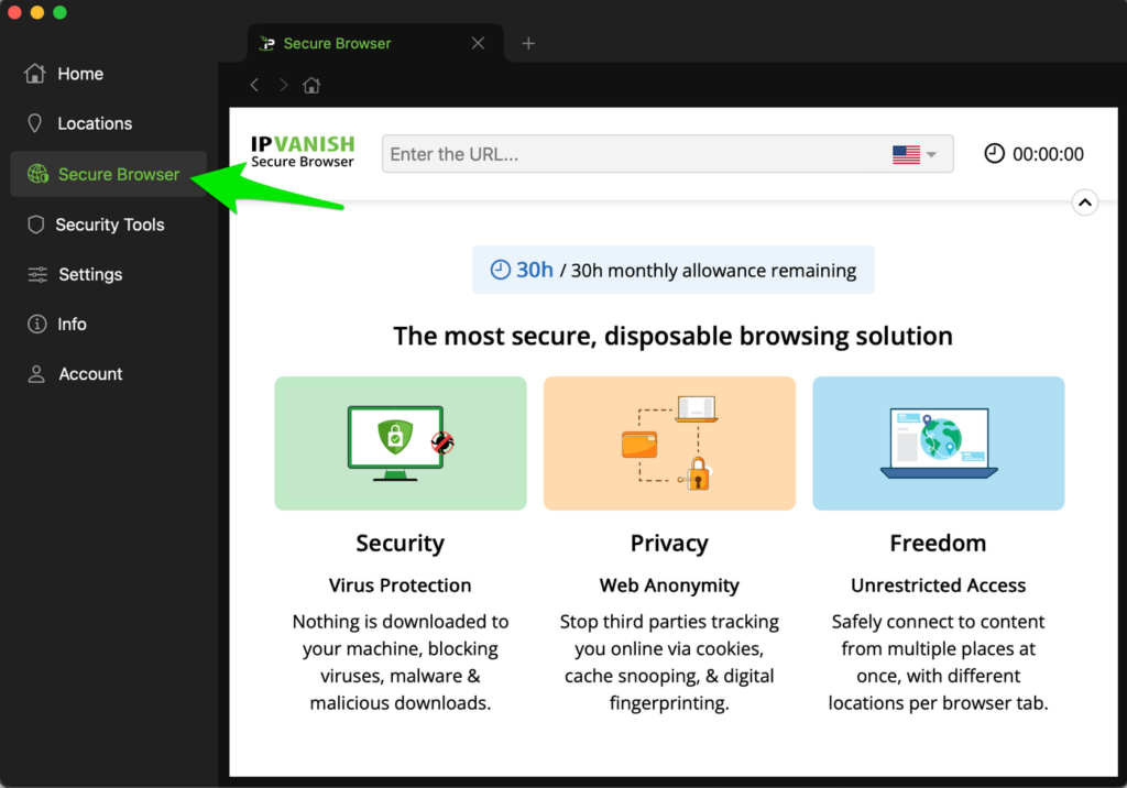 IPVanish app Secure Browser screen with a URL bar, a 30 hour monthly allowance label and three feature cards