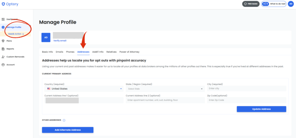 Optery Manage Profile page with the Addresses tab open and fields for the current primary address
