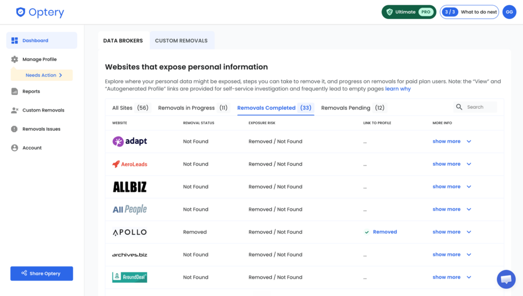 Optery dashboard on the Removals Completed tab, listing data broker sites with their removal status