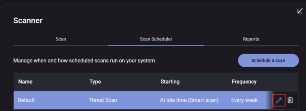 Malwarebytes Scanner screen on the Scan Scheduler tab with a default weekly Threat Scan row