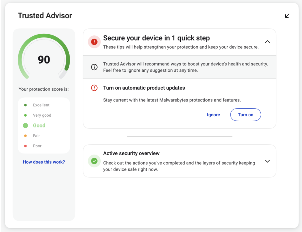 Malwarebytes Trusted Advisor screen with a protection score gauge and a recommendation to turn on automatic updates