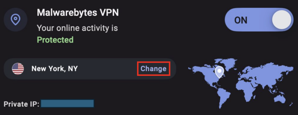 Malwarebytes VPN card on the dashboard showing the VPN switched on, a New York location and a world map