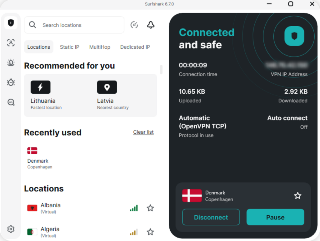 Surfshark Windows app showing a connected VPN session with the location list and connection details