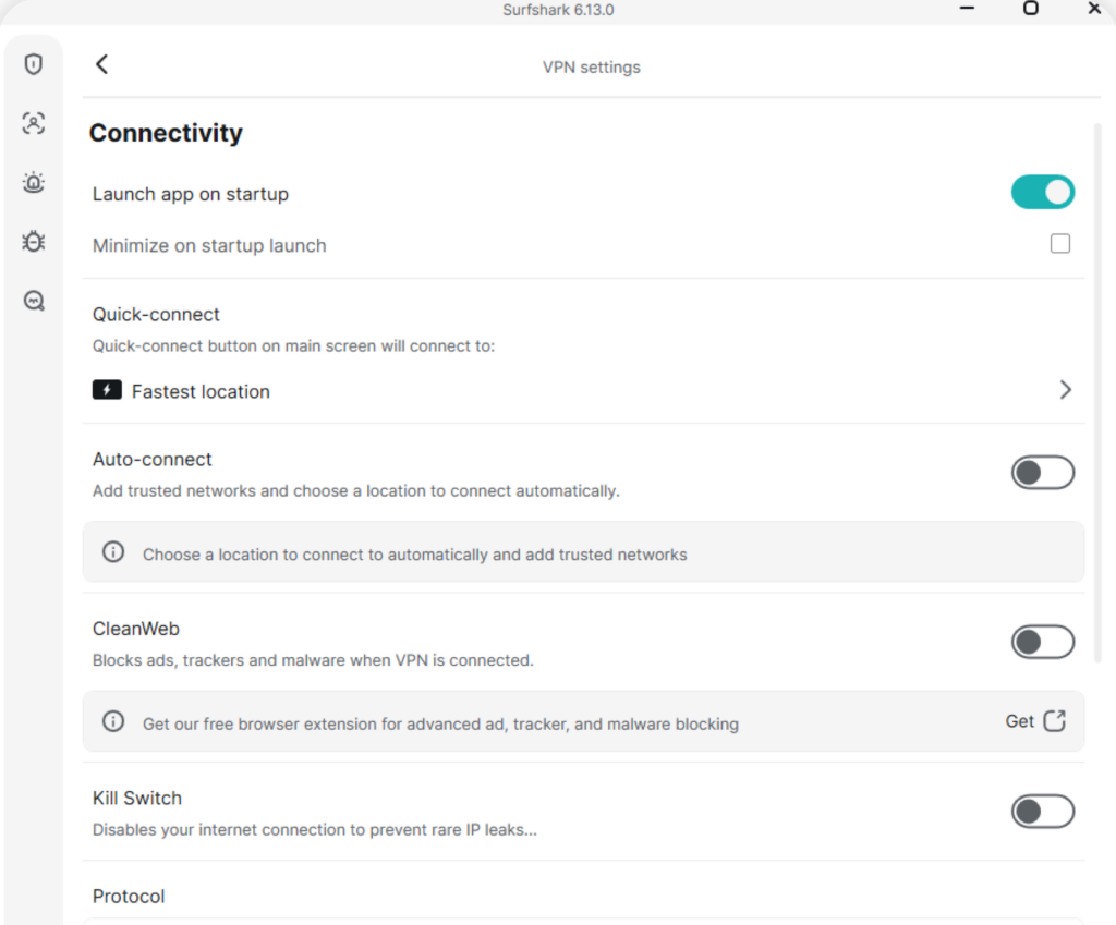 Surfshark Windows app VPN settings page with startup, quick-connect, auto-connect, CleanWeb, kill switch and protocol options