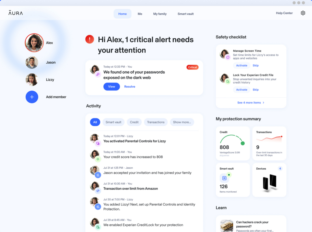 Aura web dashboard with a critical dark web alert, an activity feed and a protection summary with credit score and vault items