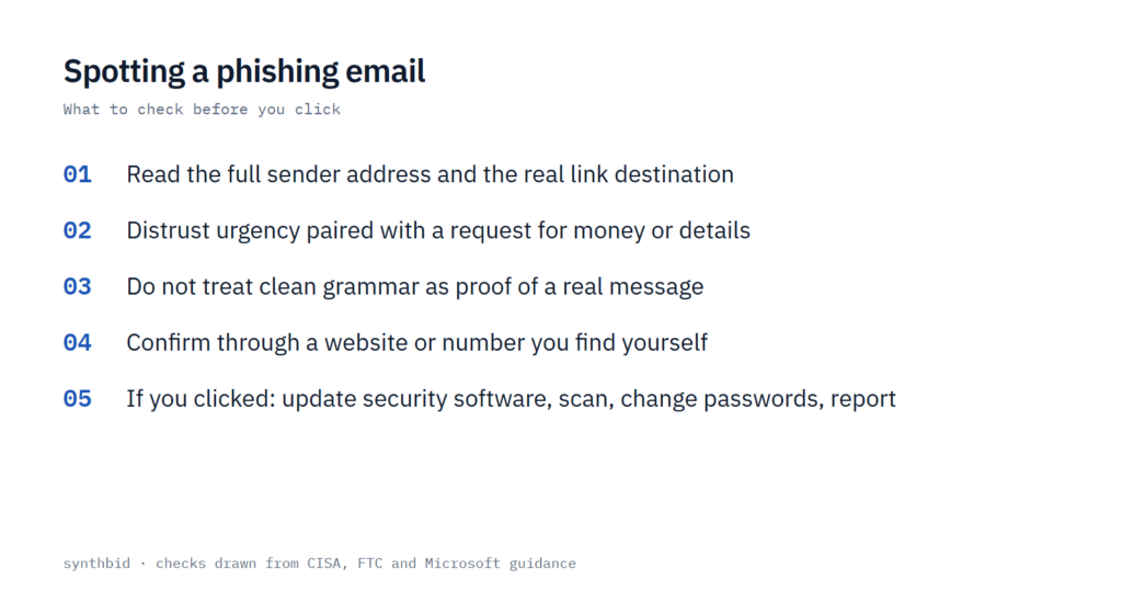 Card listing the checks to run on a suspicious email