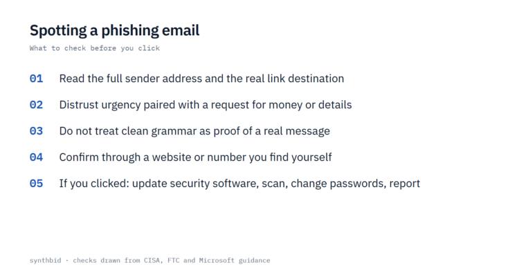 Card listing the checks to run on a suspicious email