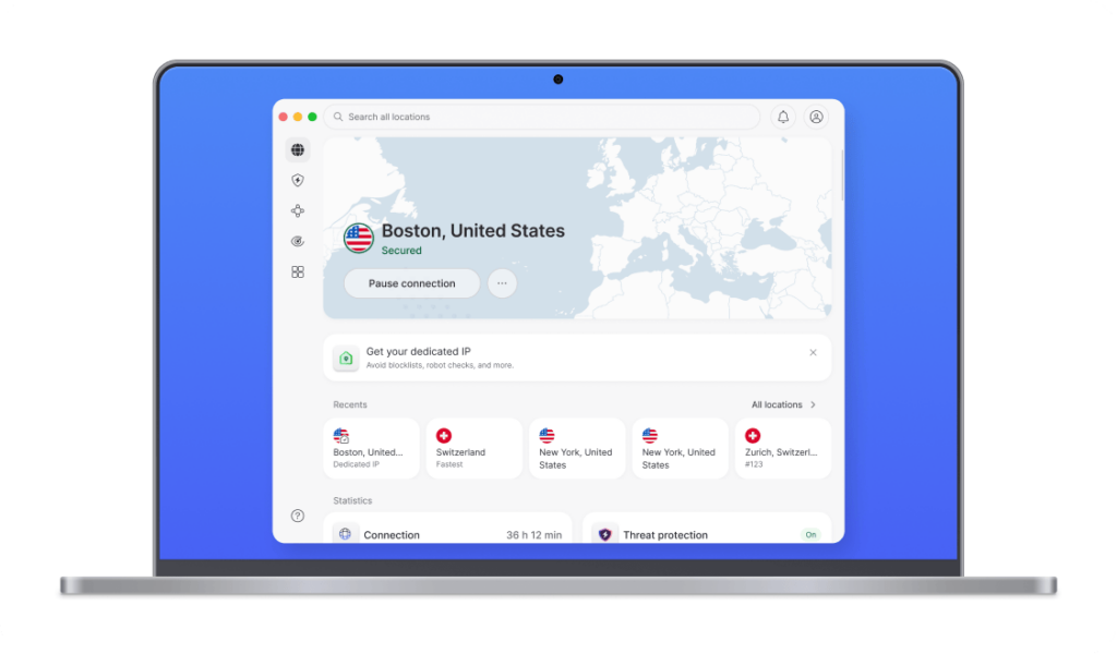NordVPN desktop app after the 2026 redesign, showing a secured connection to Boston with a pause button, recent locations and a statistics section, in the vendor laptop mockup